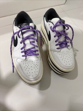 Nike White Sneakers with Black Swoosh and Purple Laces
